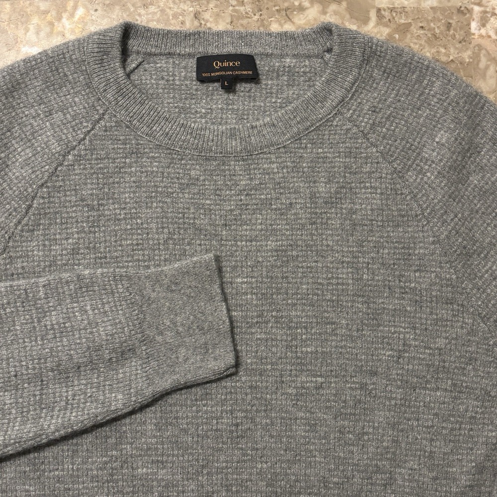Quince Mongolian Cashmere Sweater Mens Medium Grey Waffle Knit Raglan